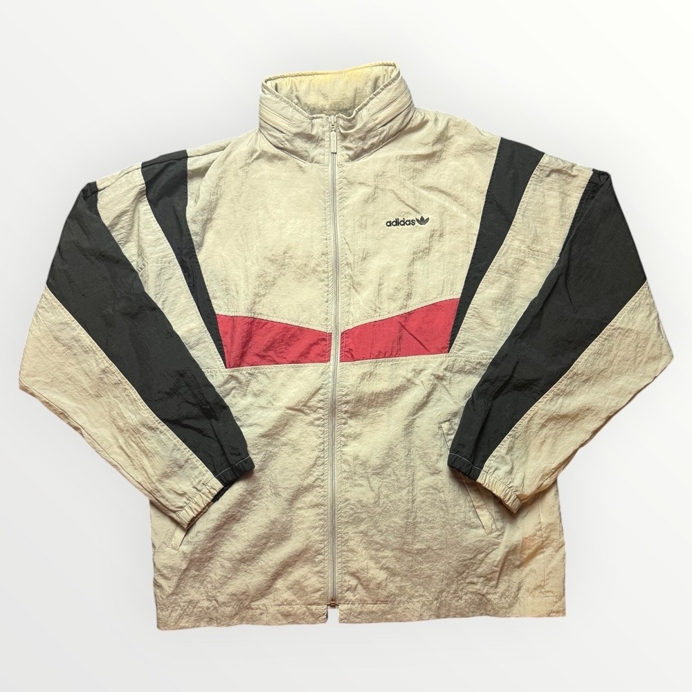 Vintage Adidas Trefoil Track Jacket Grey Black Red Colorblock Windbreaker Small